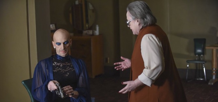AMERICAN HORROR STORY -- "Battle Royale" Episode 511 (Airs Wednesday, January 6, 10:00 pm/ep) Pictured: (l-r) Denis O'Hare as Liz, Kathy Bates as Iris. CR: Ray Mickshaw/FX